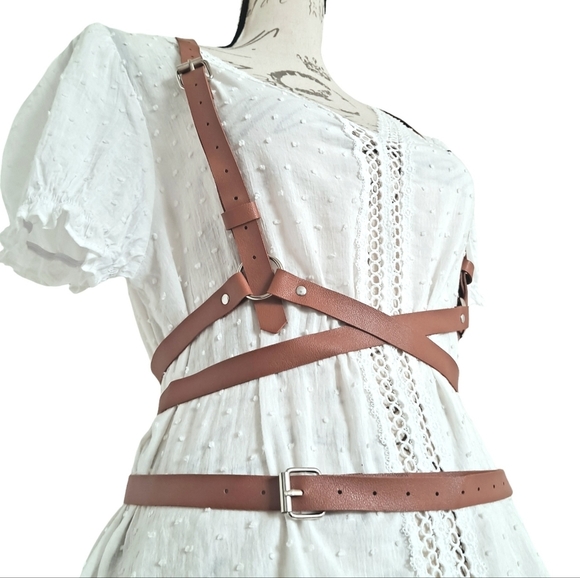 Faux leather brown Underbust adjustable harness suspenders sexy waist belt - Picture 6 of 15